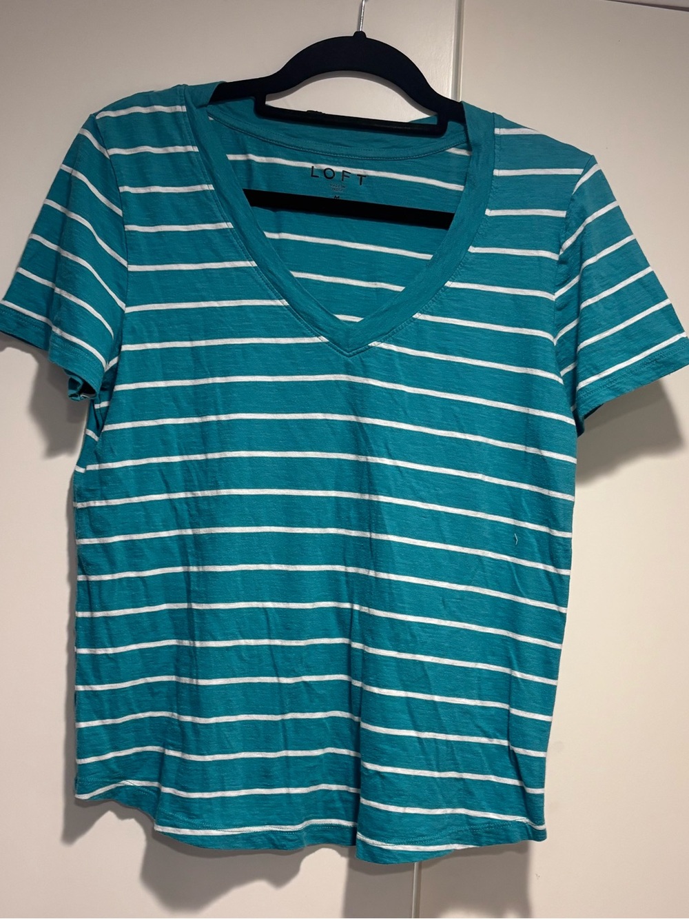 LOFT Green & White Striped V-Neck Tee